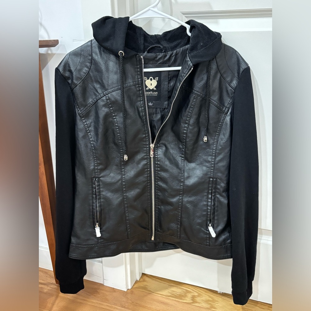 Lock & Love Black Faux Leather Jacket w/ Hoodie – NEW